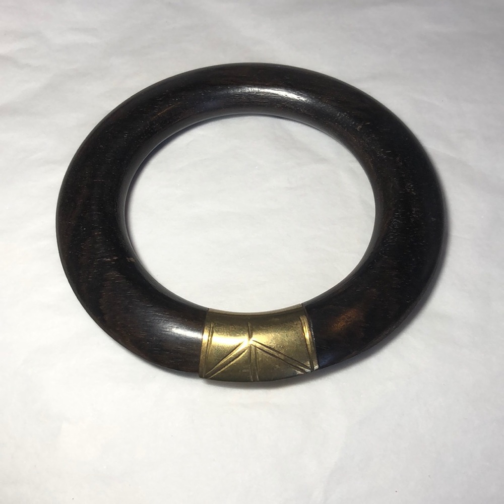 Wood and Brass Ethnic Engraved Bangle Bracelet